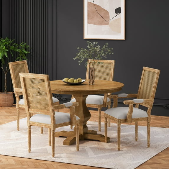 Noble House Bryan Indoor Fabric, Wood and Cane 5 Piece Round Dining Set, Natural and Light Gray