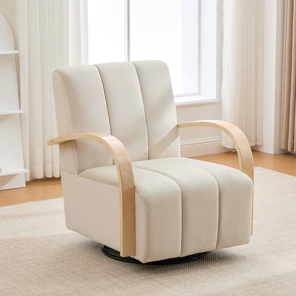 Noble House Brynn 30.7" Velvet Swivel Accent Chair, 360° Tufted Lounge Armchair with Wooden Arms, Living Room, Brown