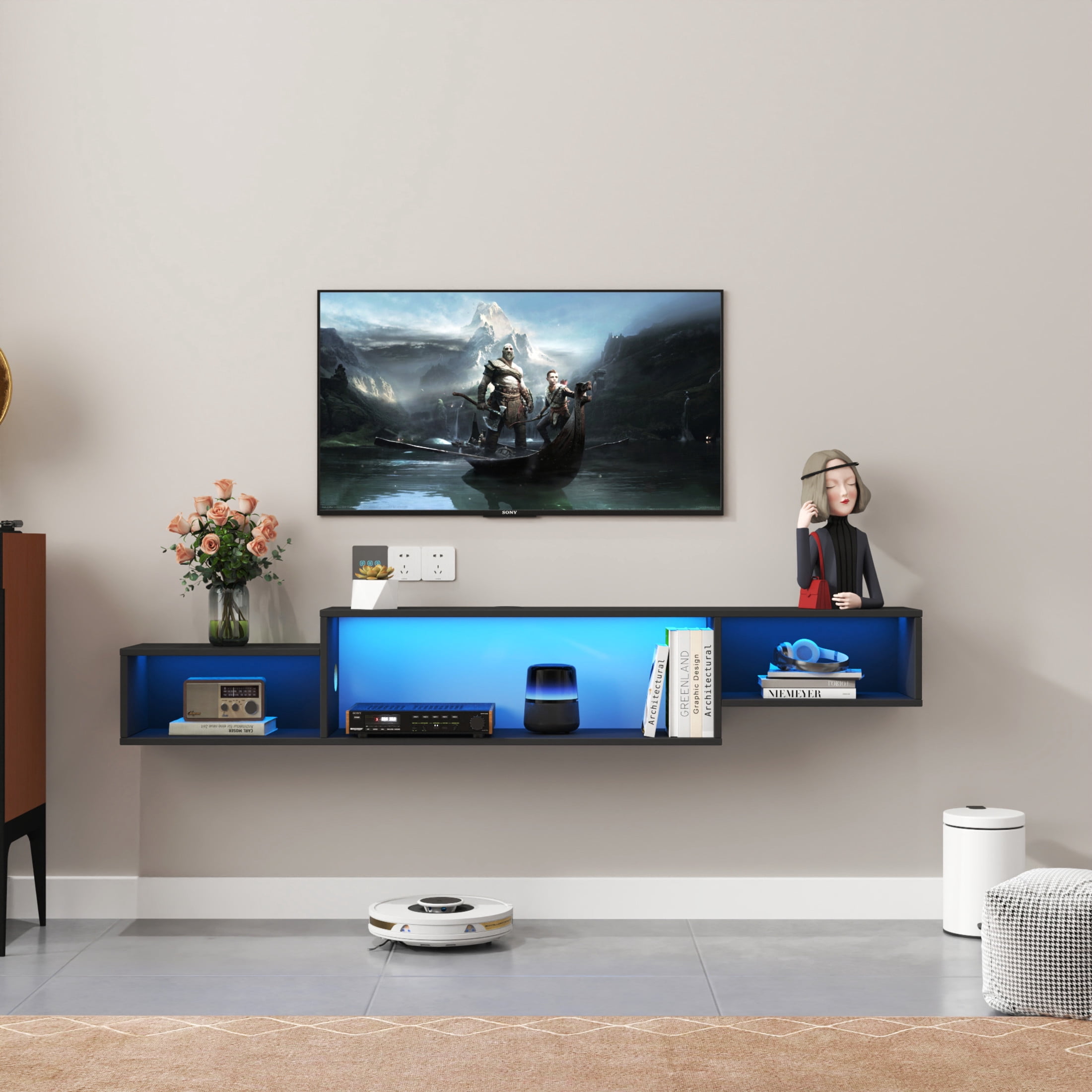 Noble House Brynn 65.35" Floating TV Stand, 20-Color LED with Remote, Charging Station, Wall-Mounted Shelf, Black