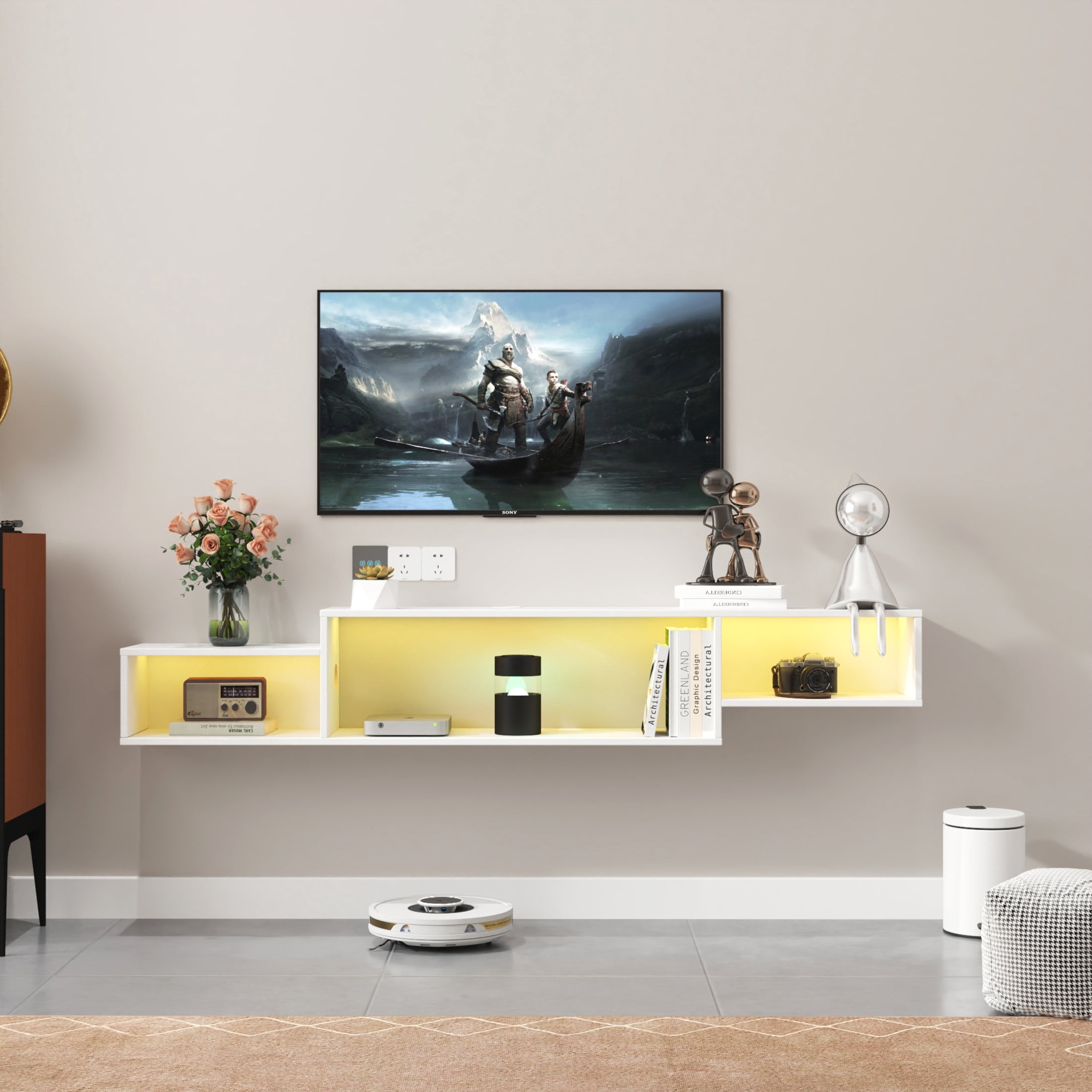Noble House Brynn 65.35" Floating TV Stand, 20-Color LED with Remote, Charging Station, Wall-Mounted Shelf, White