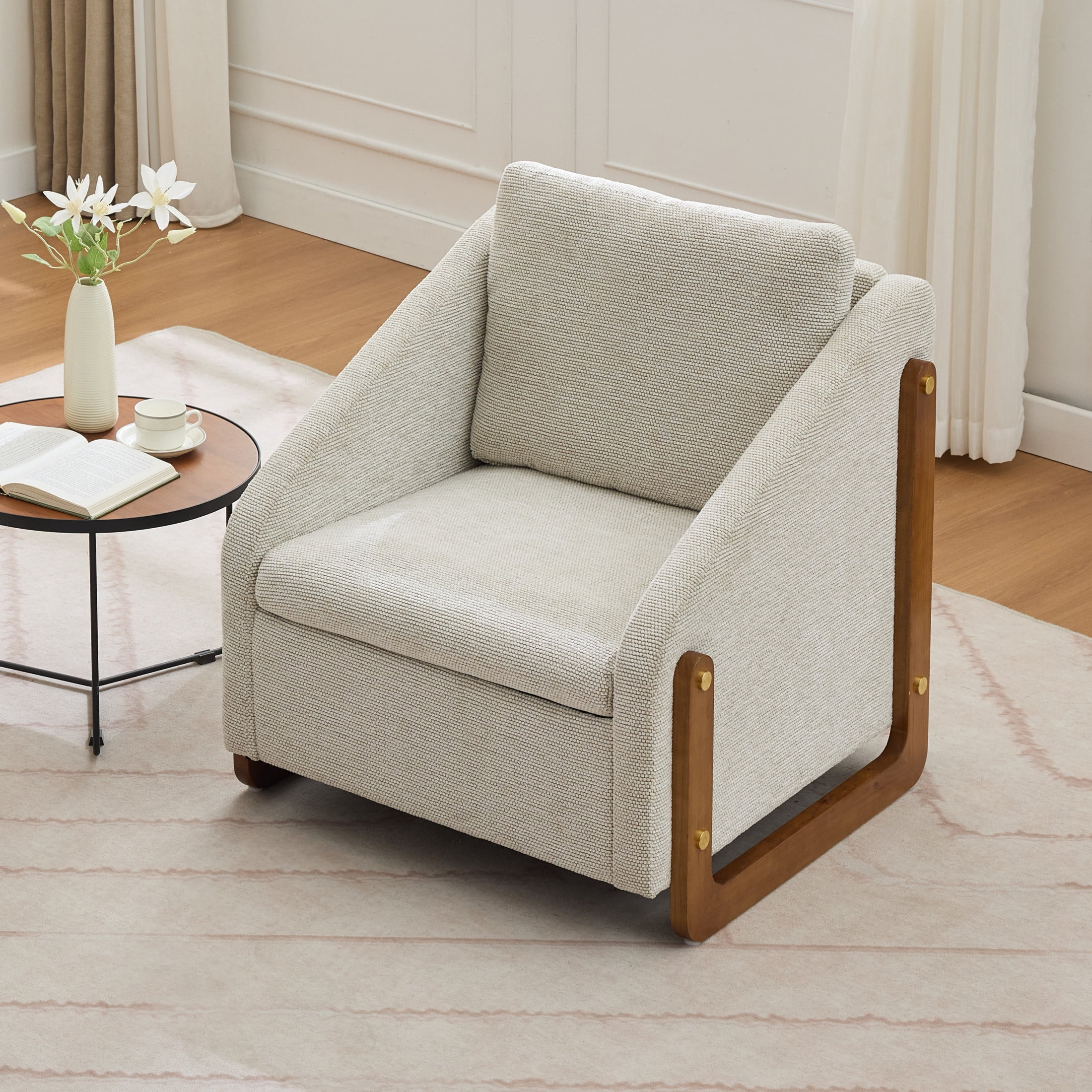 Noble House Brynn Chenille Modern Upholstered Armchair, Wood Accent Chair with Cushioned Seat and Backrest, Beige