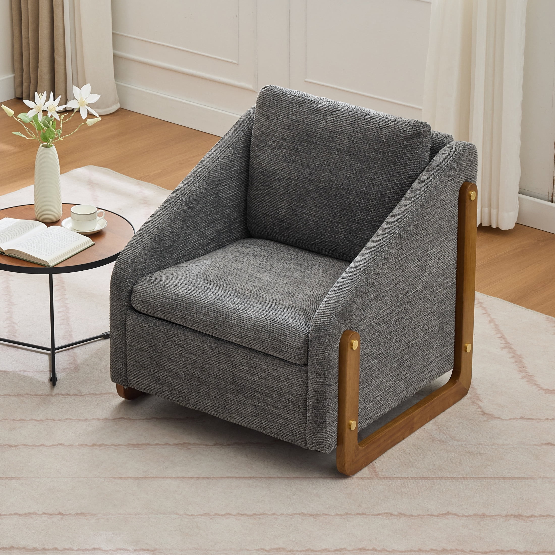 Noble House Brynn Chenille Modern Upholstered Armchair, Wood Accent Chair with Cushioned Seat and Backrest, Gray