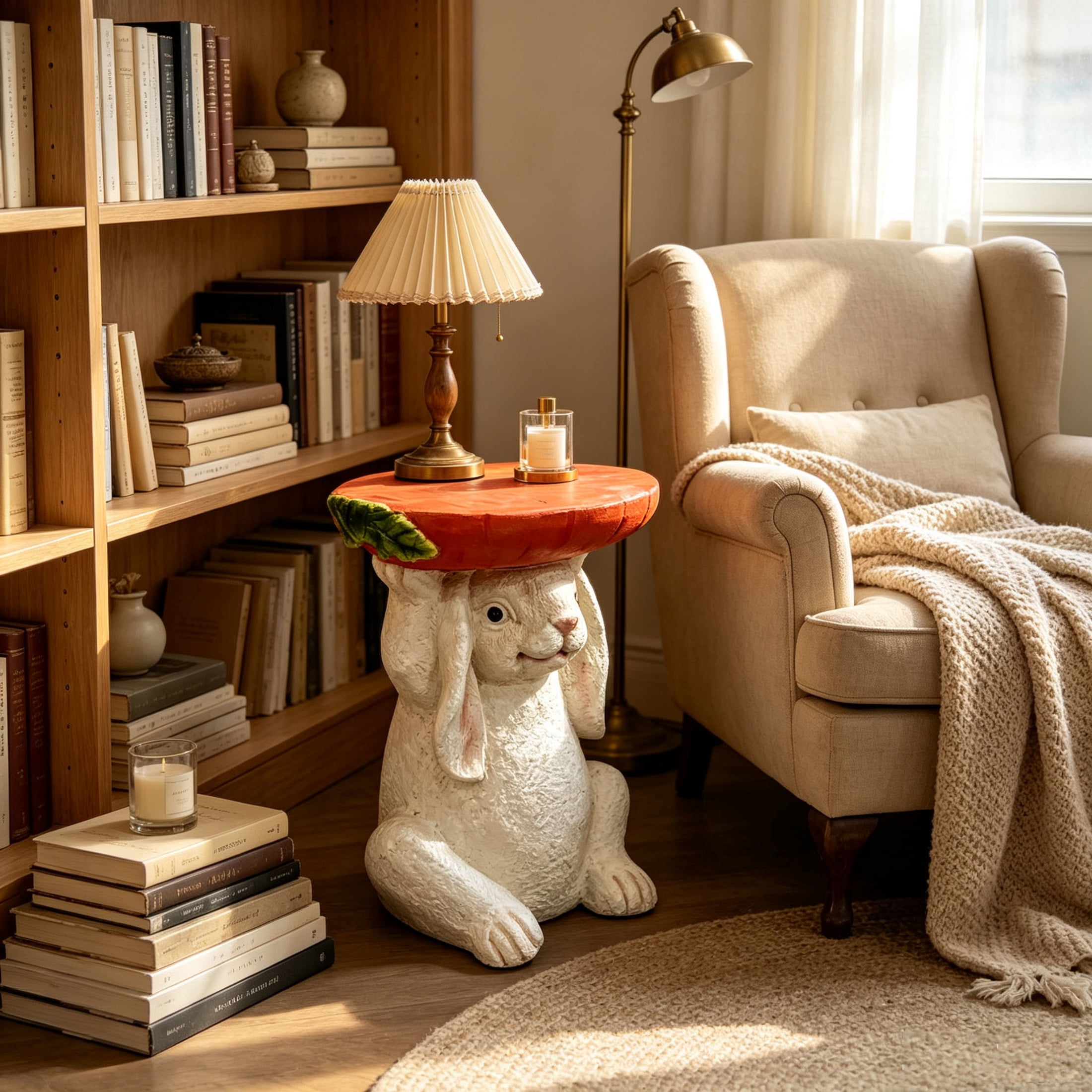 Noble House Bunny Strawberry Stool, Cute Animal Side Table Decor, Outdoor Creative Figurine Seat for Patio, Garden, White