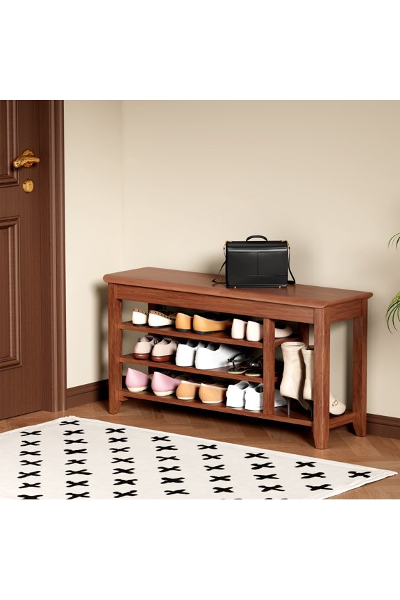 Burke 39.6" Solid Wood Entryway Shoe Rack, Flip-Up Hidden Storage Bench, Boot Space, Walnut