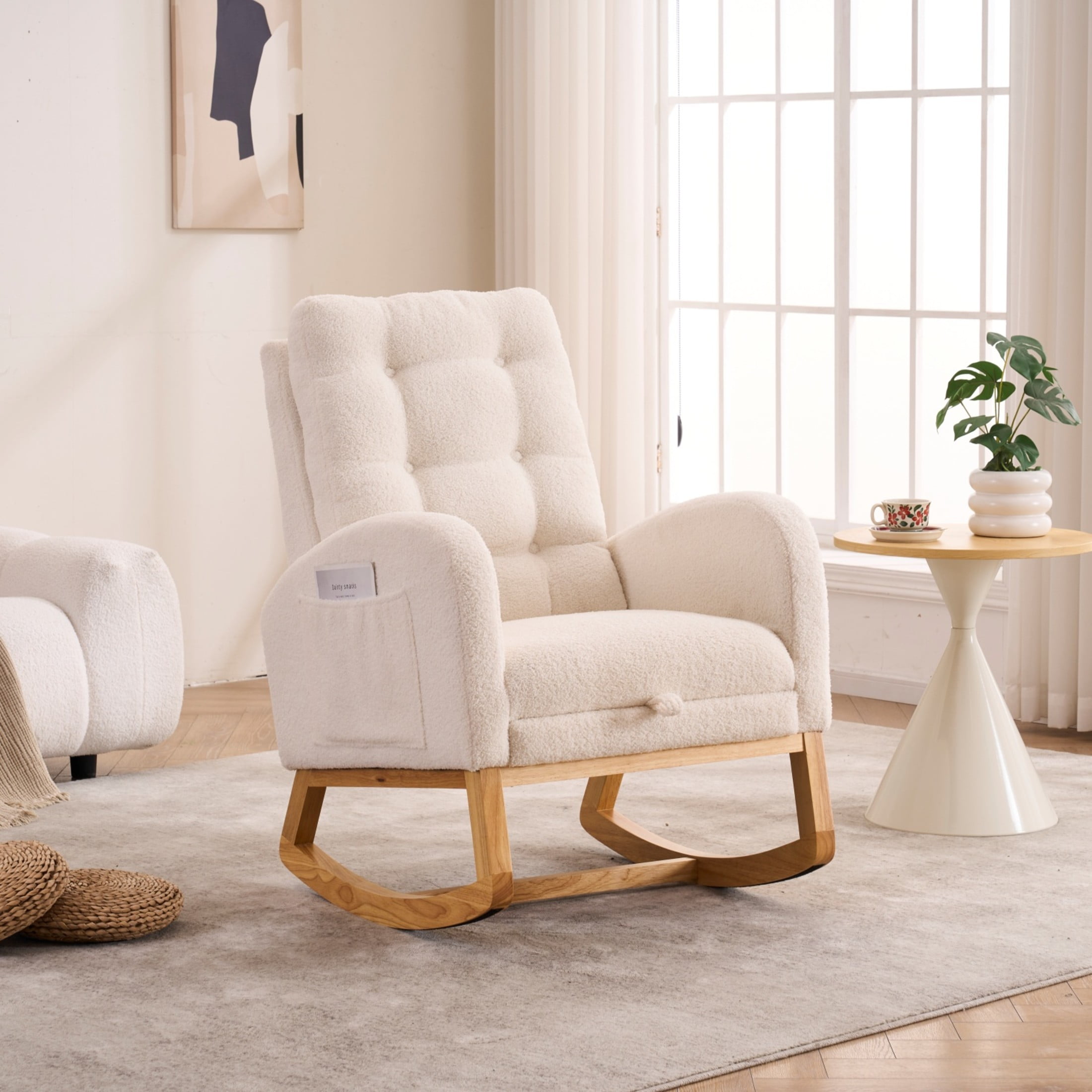 Noble House Byana Upholstered Accent Rocking Chair with Footrest, Rubber Wood High-Back Rocker Lounge Chair, Beige