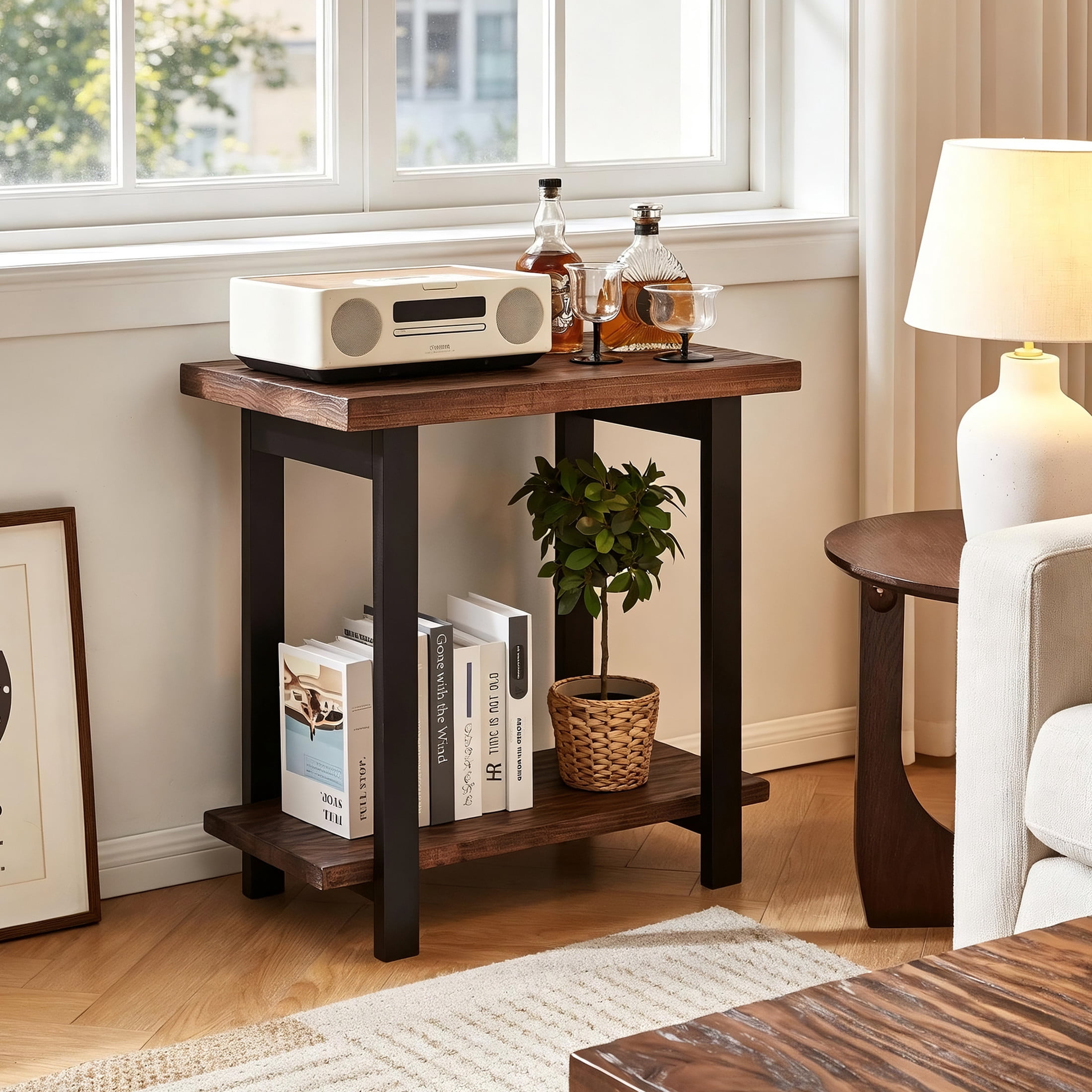 Noble House Caldon 2-Tier Industrial End Table with Pine Top & Rubber Wood Legs, Storage Sofa Side Table, Walnut & Black