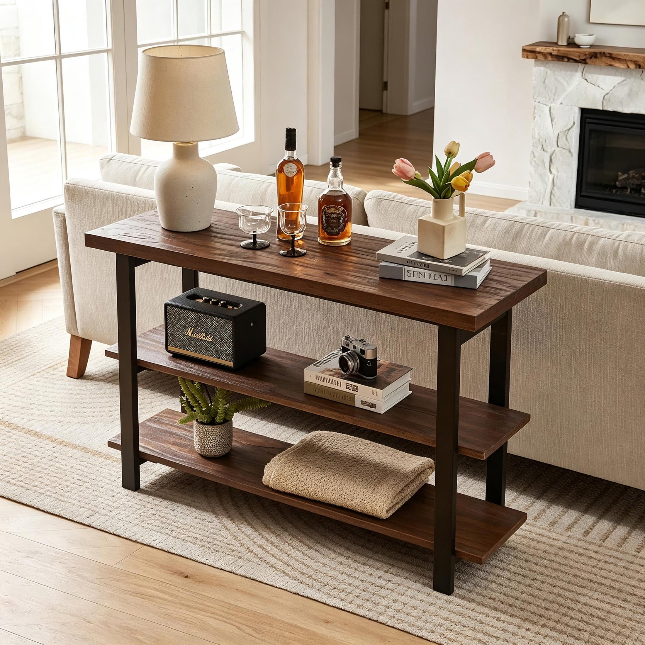 Noble House Caldon 48" Rustic Entryway Console Table with 3-Tier Storage Shelves, Distressed Pine Top, Walnut & Black