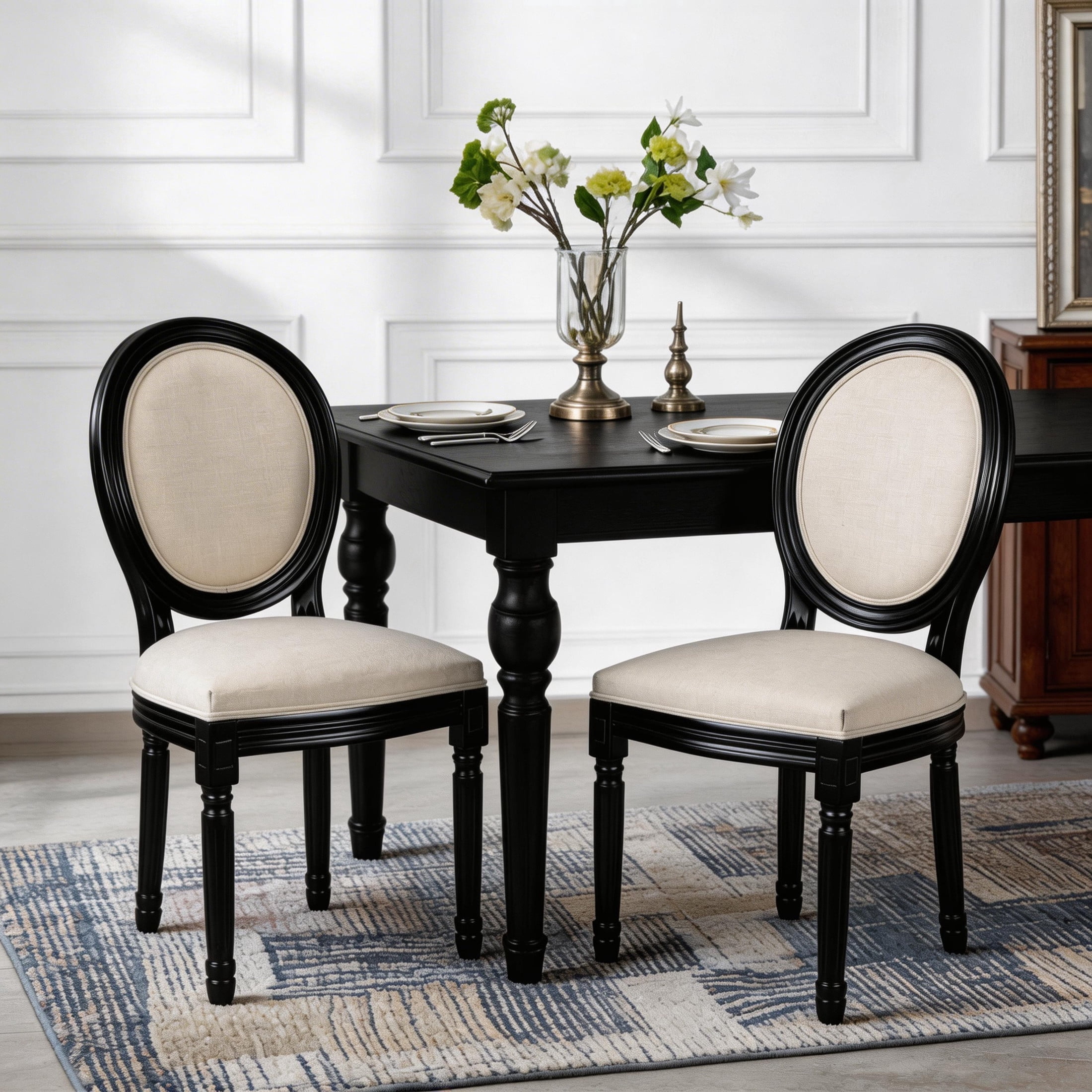 Noble House Caldon French Country Upholstered Dining Chairs with Solid Wood Frame and Padded Back, Beige, Set of 2