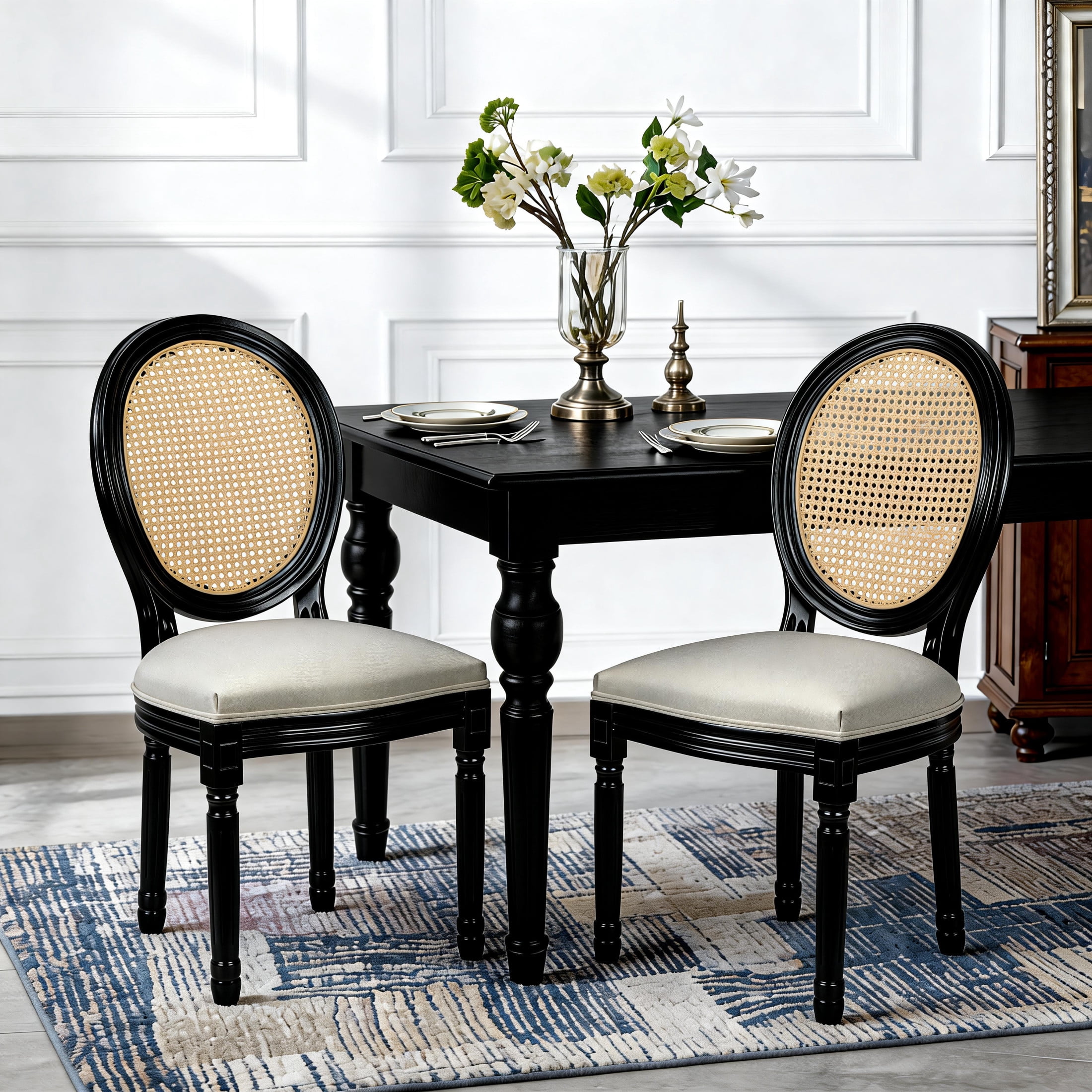 Noble House Caldon French Country Upholstered Dining Chairs with Solid Wood Frame and Rattan Back, Beige, Set of 2