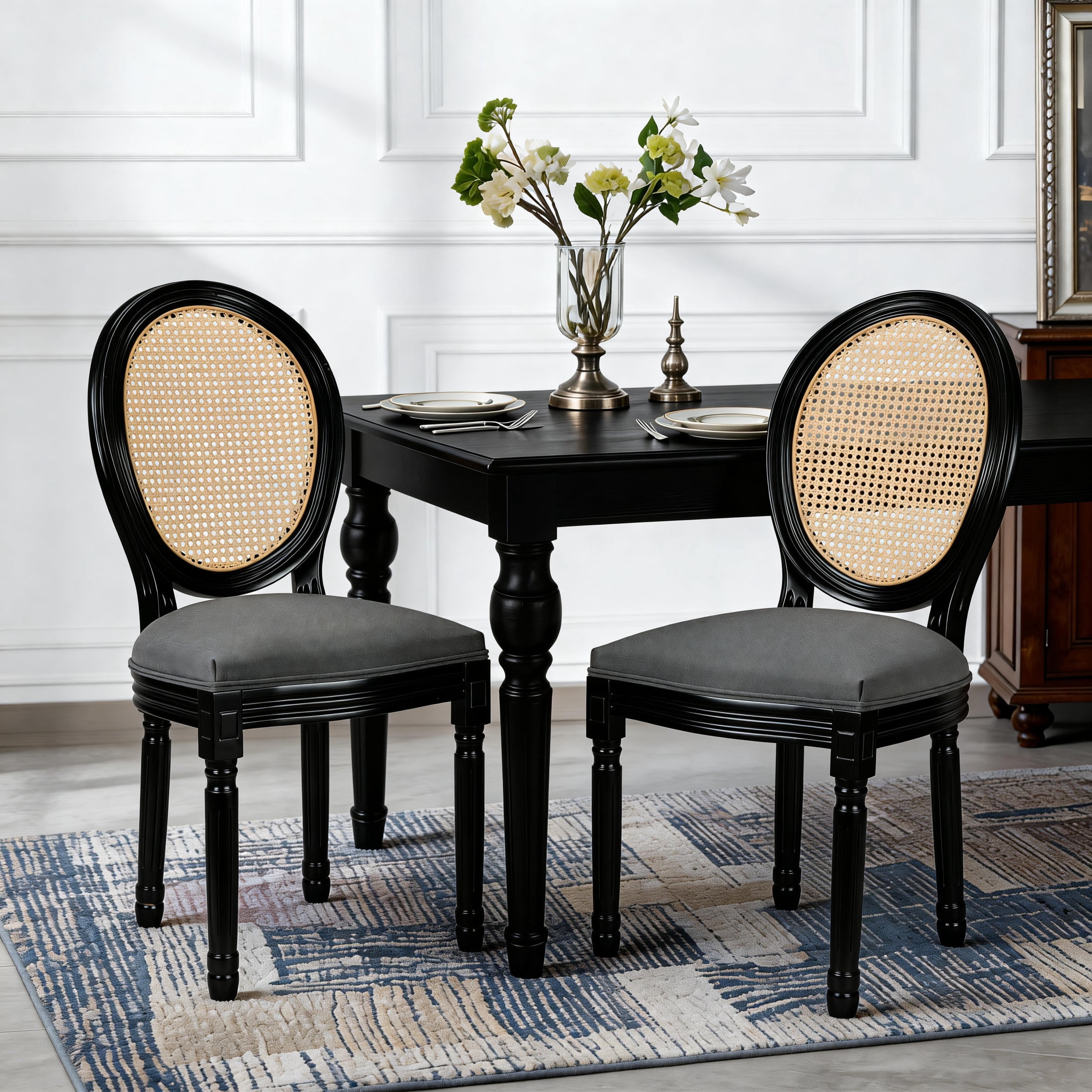 Noble House Caldon French Country Upholstered Dining Chairs with Solid Wood Frame and Rattan Back, Dark Gray, Set of 2