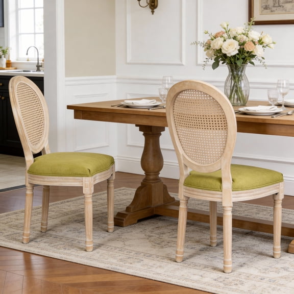 Noble House Caldon French Country Upholstered Dining Chairs with Solid Wood Frame and Rattan Back, Green, Set of 2