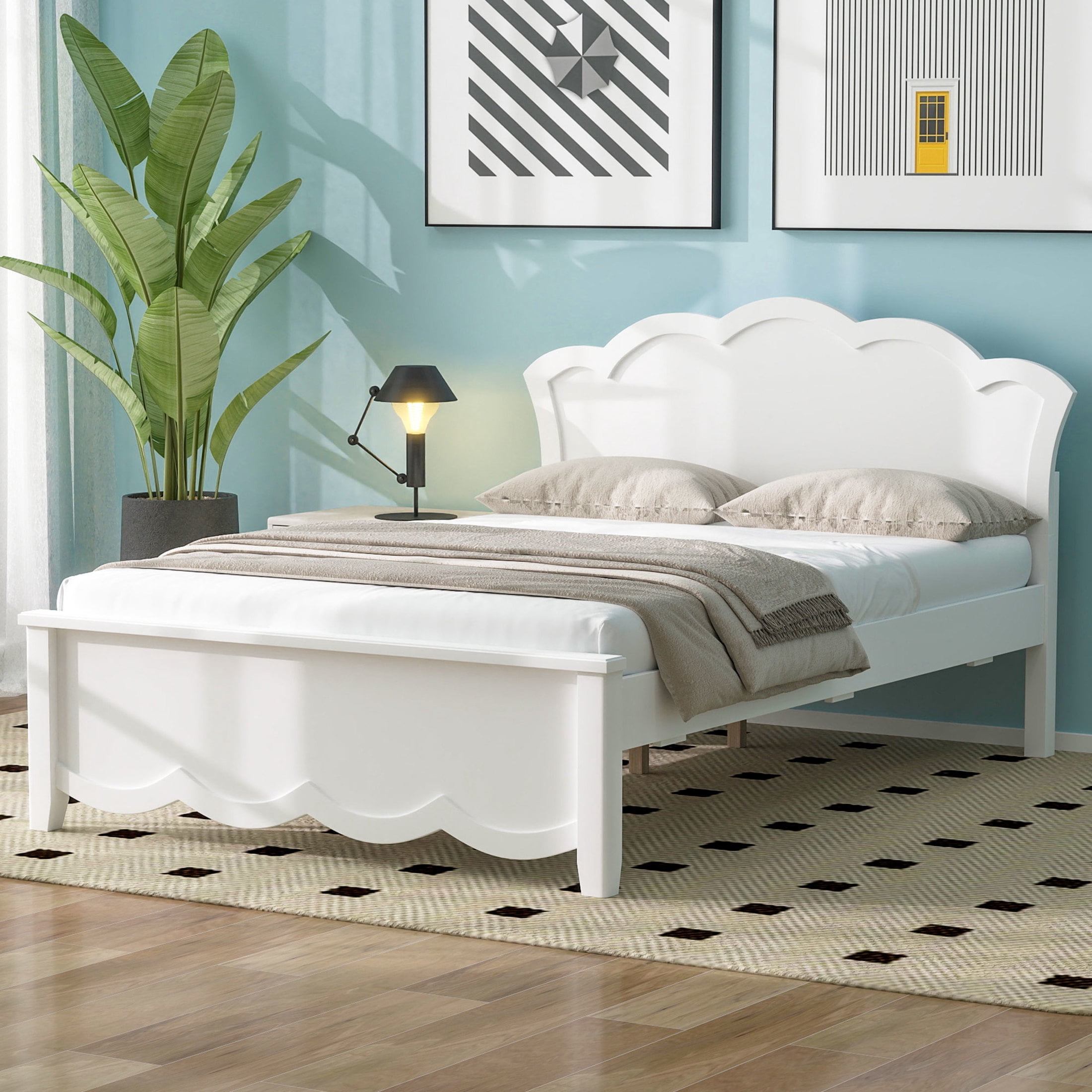 Noble House Caldon Full Size Platform Bed with Contoured Headboard and Footboard, Pine Wood Frame, White