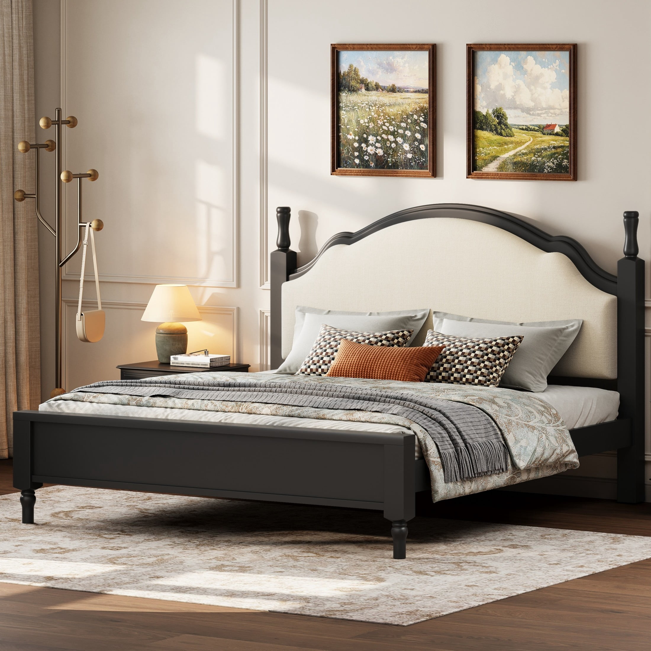 Noble House Caldon Queen Size Platform Bed, Pine Wood Frame with Curved Upholstered Headboard, Beige and Black