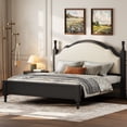 thumbnail image 1 of Noble House Caldon Queen Size Platform Bed, Pine Wood Frame with Curved Upholstered Headboard, Beige and Black, 1 of 11