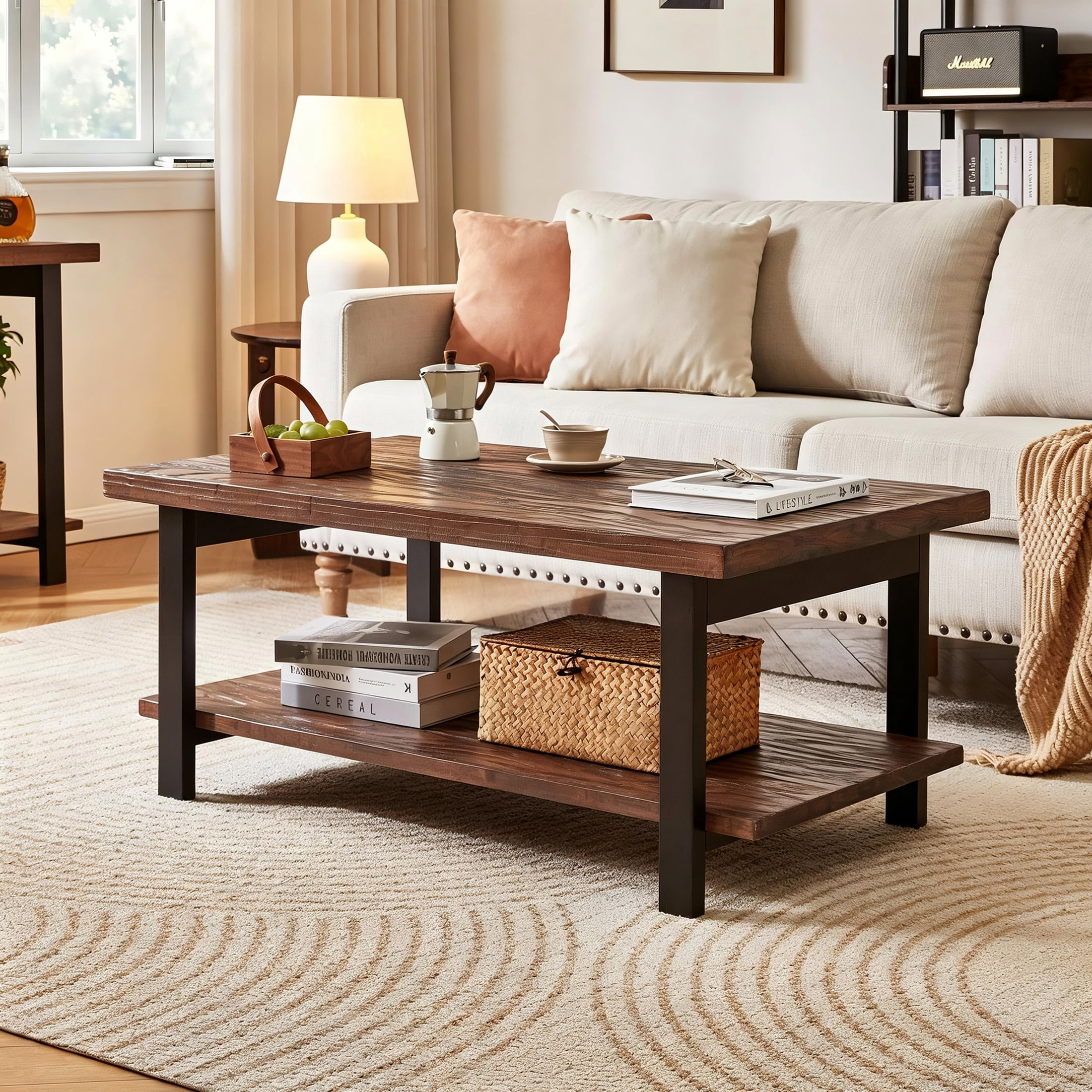 Noble House Caldon Rustic Rectangle Coffee Table with Solid Distressed Pine Top & 2-Tier Storage, Walnut & Black