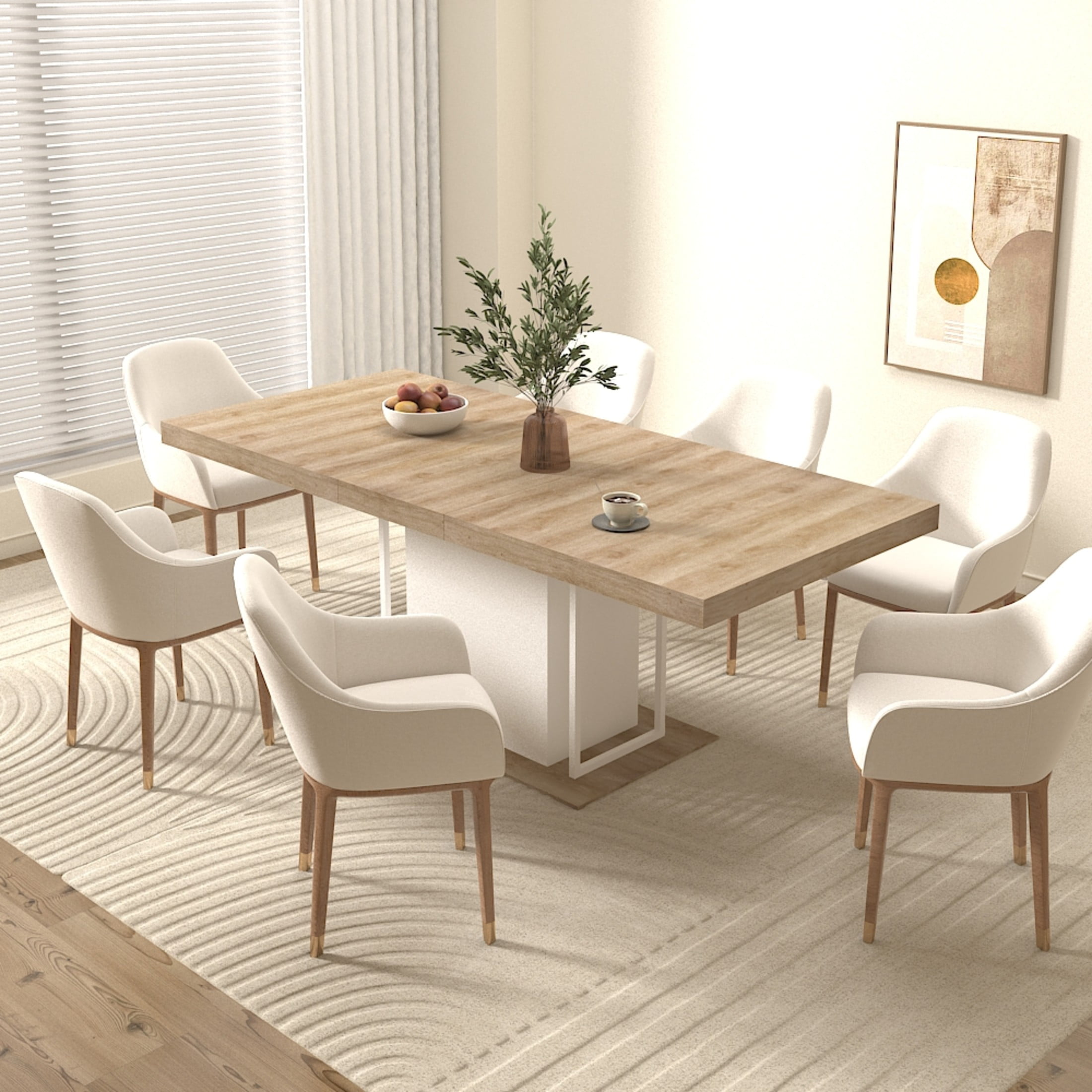 Noble House Caldren 78.74" Extendable Dining Table, Wooden Rectangle Dual Pedestal Dining Table for 6-10, White Oak