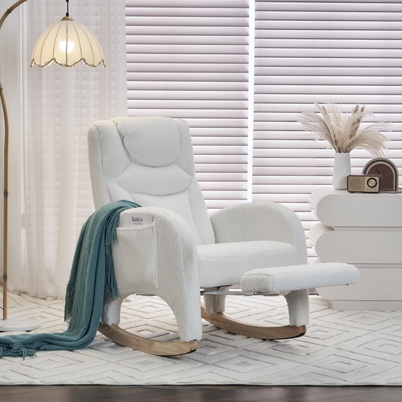 Noble House Caldren Upholstered Glider Rocking Chair, Reclining Nursery Armchair with Adjustable Footrest, Ivory