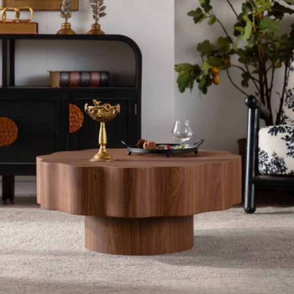 Noble House Caleb 31.5" Scalloped Edge Coffee Table, Modern Irregular Round Wooden Center Table for Living Room, Walnut
