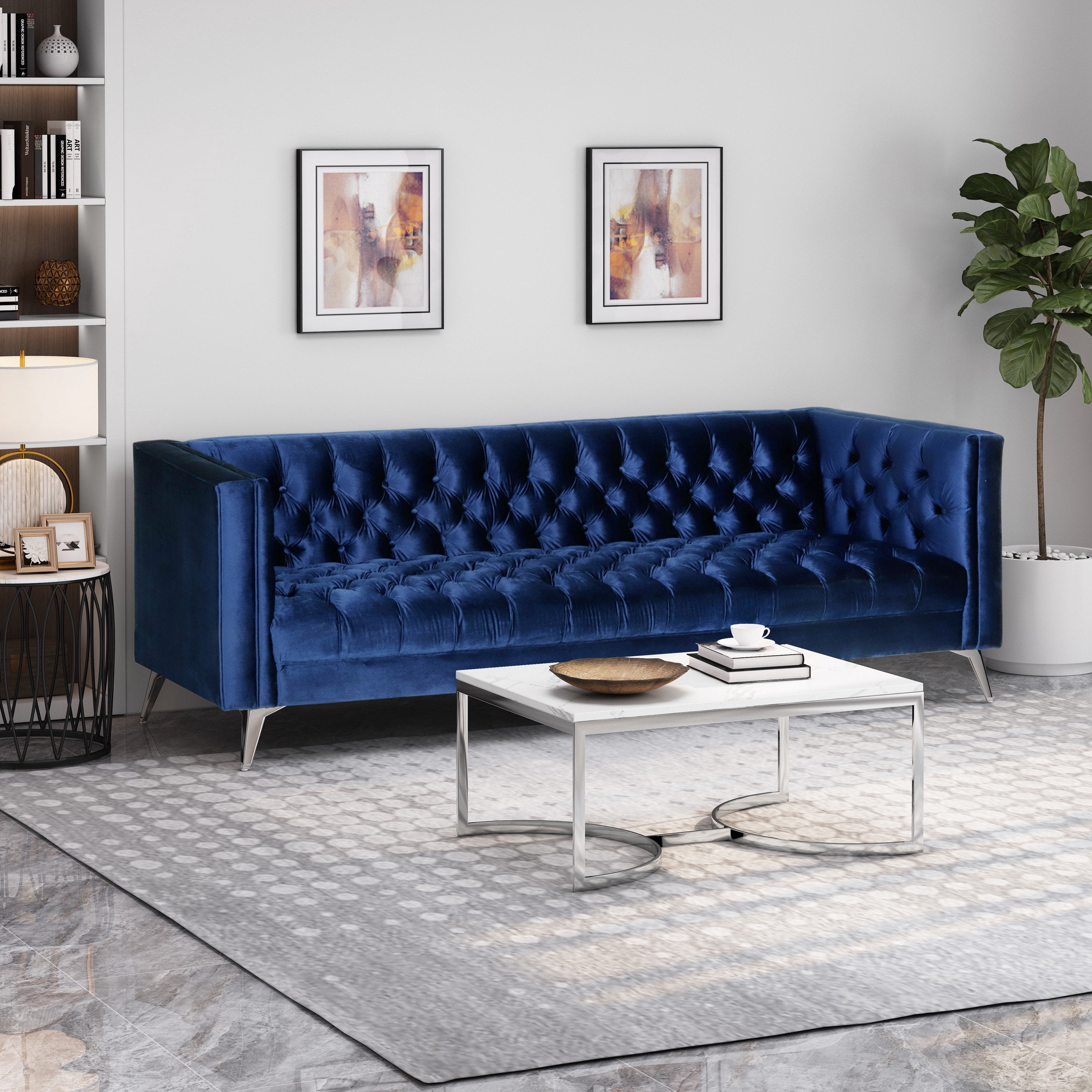 Noble House Camden Tufted Velvet 3 Seater Sofa - Blue Velvet - Walmart.com