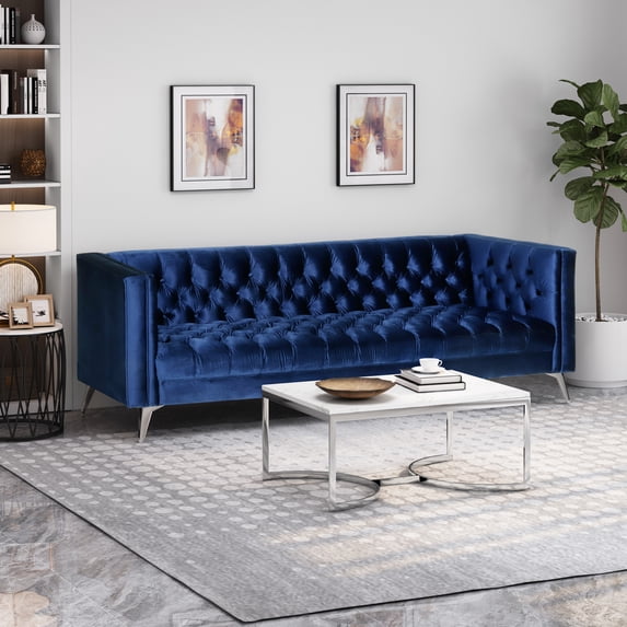 Noble House Camden Tufted Velvet 3 Seater Sofa, Midnight Blue
