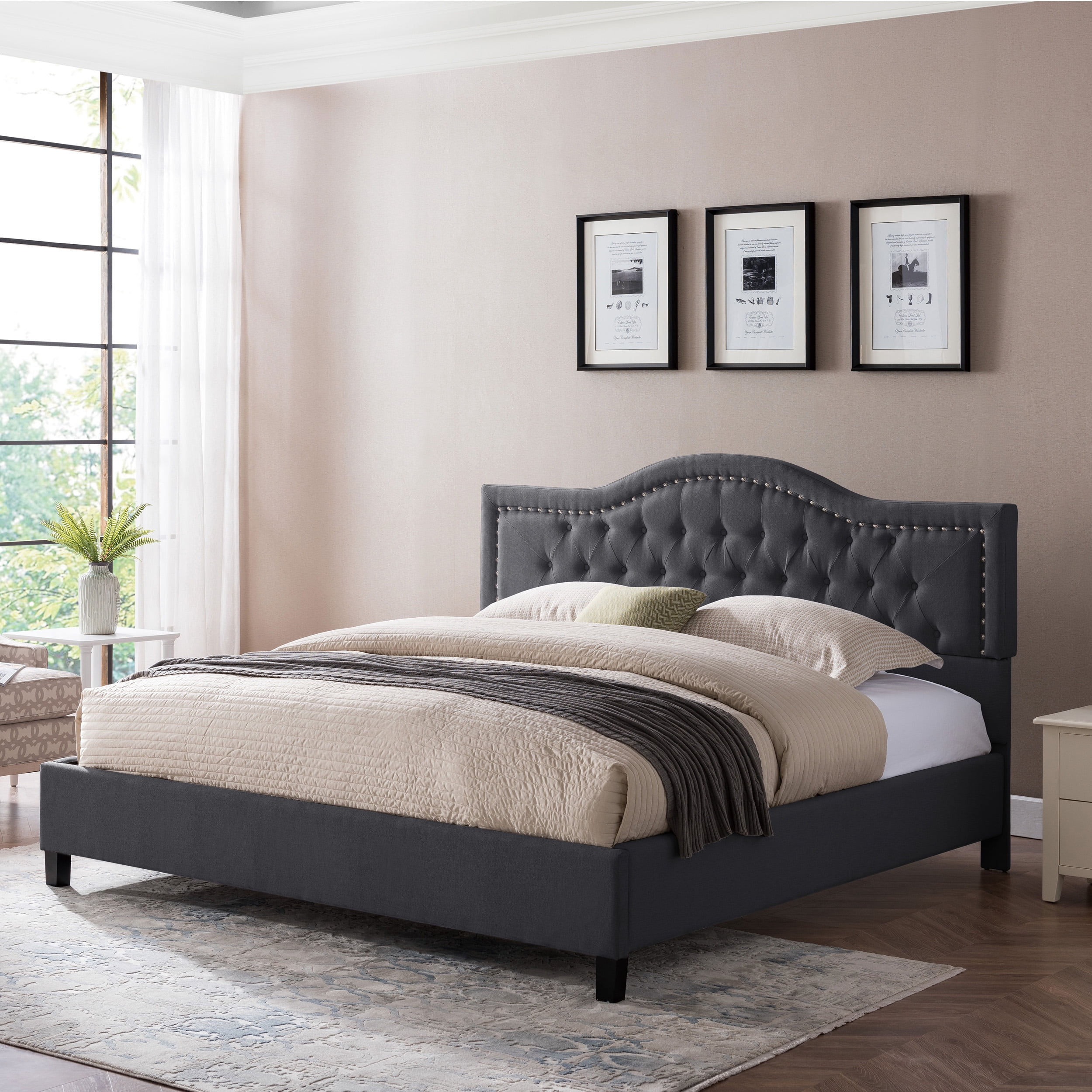 Noble House Camdyn Traditional Fully Upholstered Queen Sized Bed Frame, Dark Gray, Dark Brown