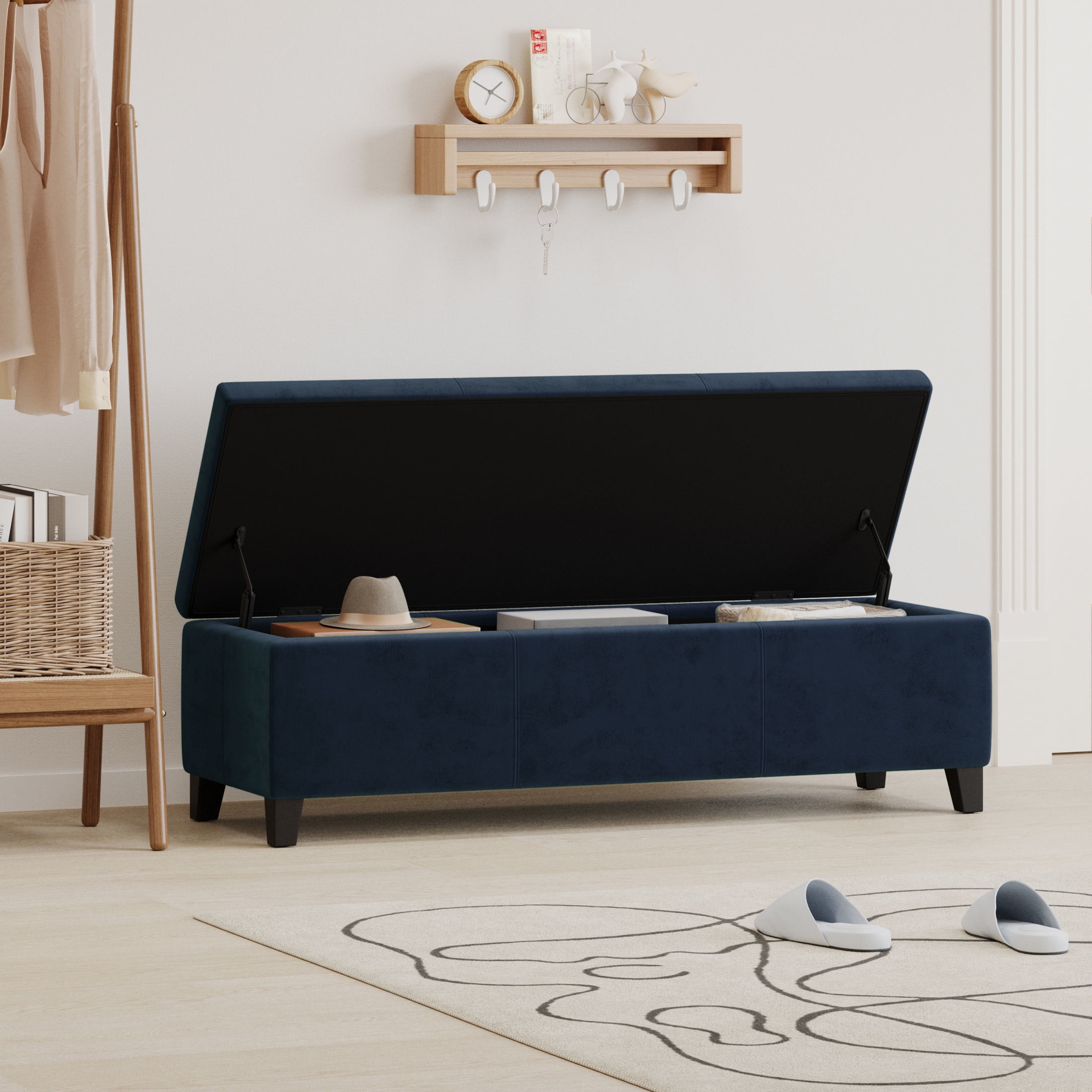 Noble House Canterbury Upholstered Storage Ottoman Bench, Dark Blue Velvet, Matte Black