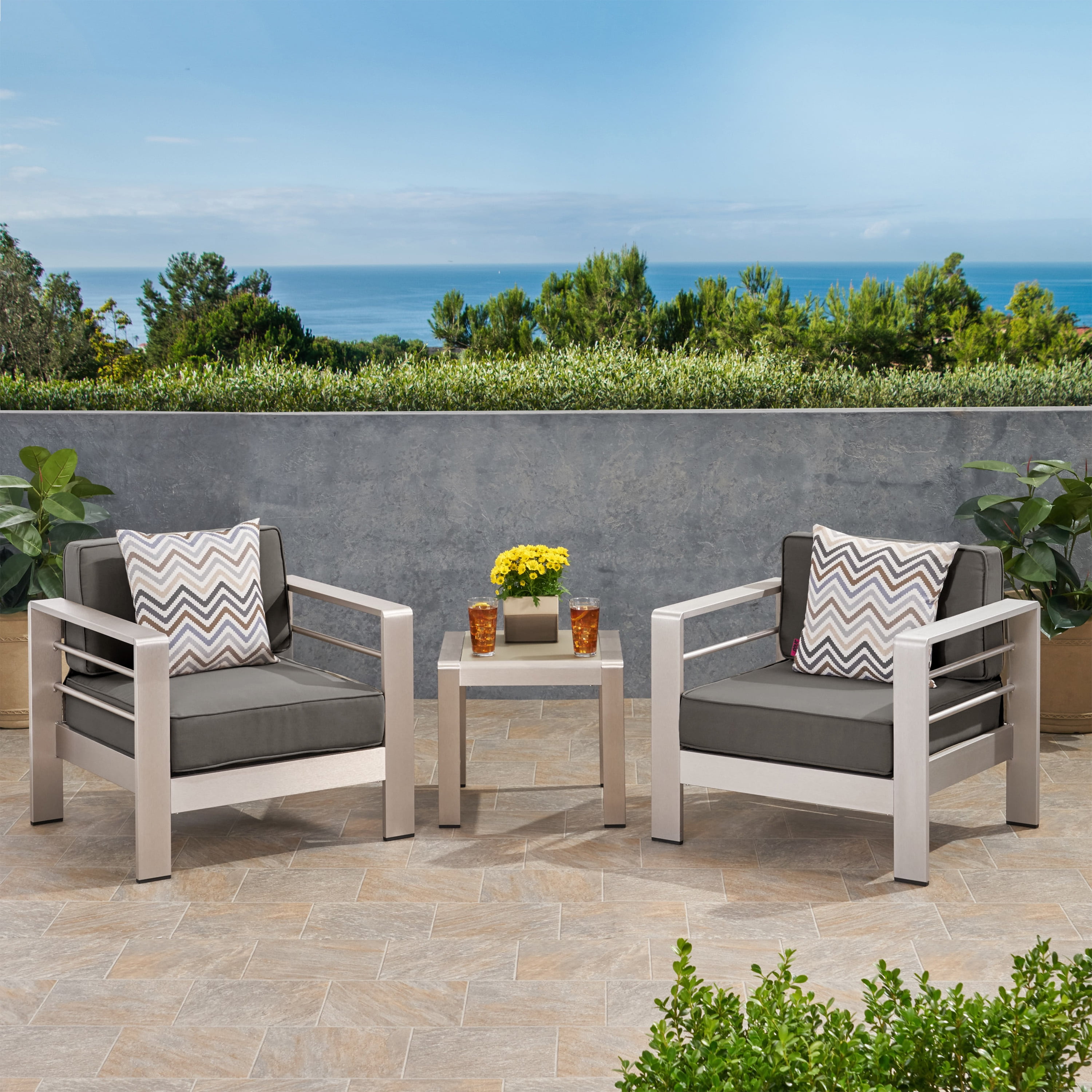 Miller Coral Outdoor 2 Seater Club Chair and Table Set, Silver and Khaki