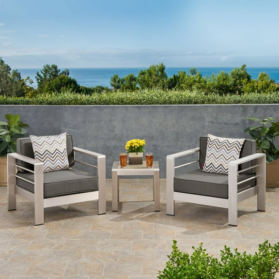 Noble House Cape Coral 3 Piece Outdoor Conversation Set in Silver and Khaki
