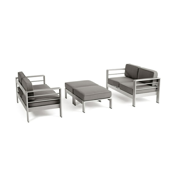 Noble House Cape Coral 4-Seater Aluminum Loveseat and Ottoman Set Silver/Khaki