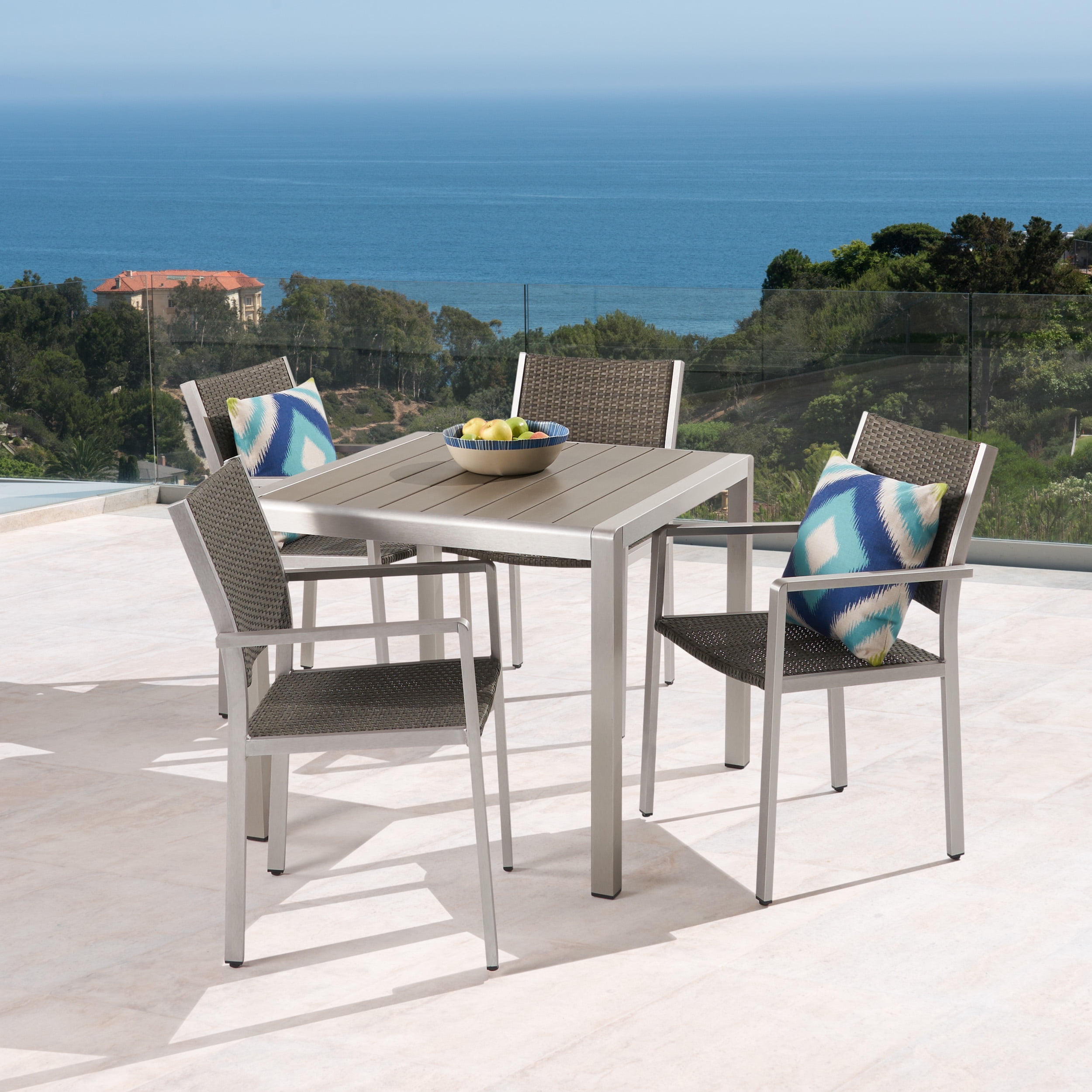 Noble House Cape Coral 5 Piece Outdoor Faux Wood Top Dining Set in Silver