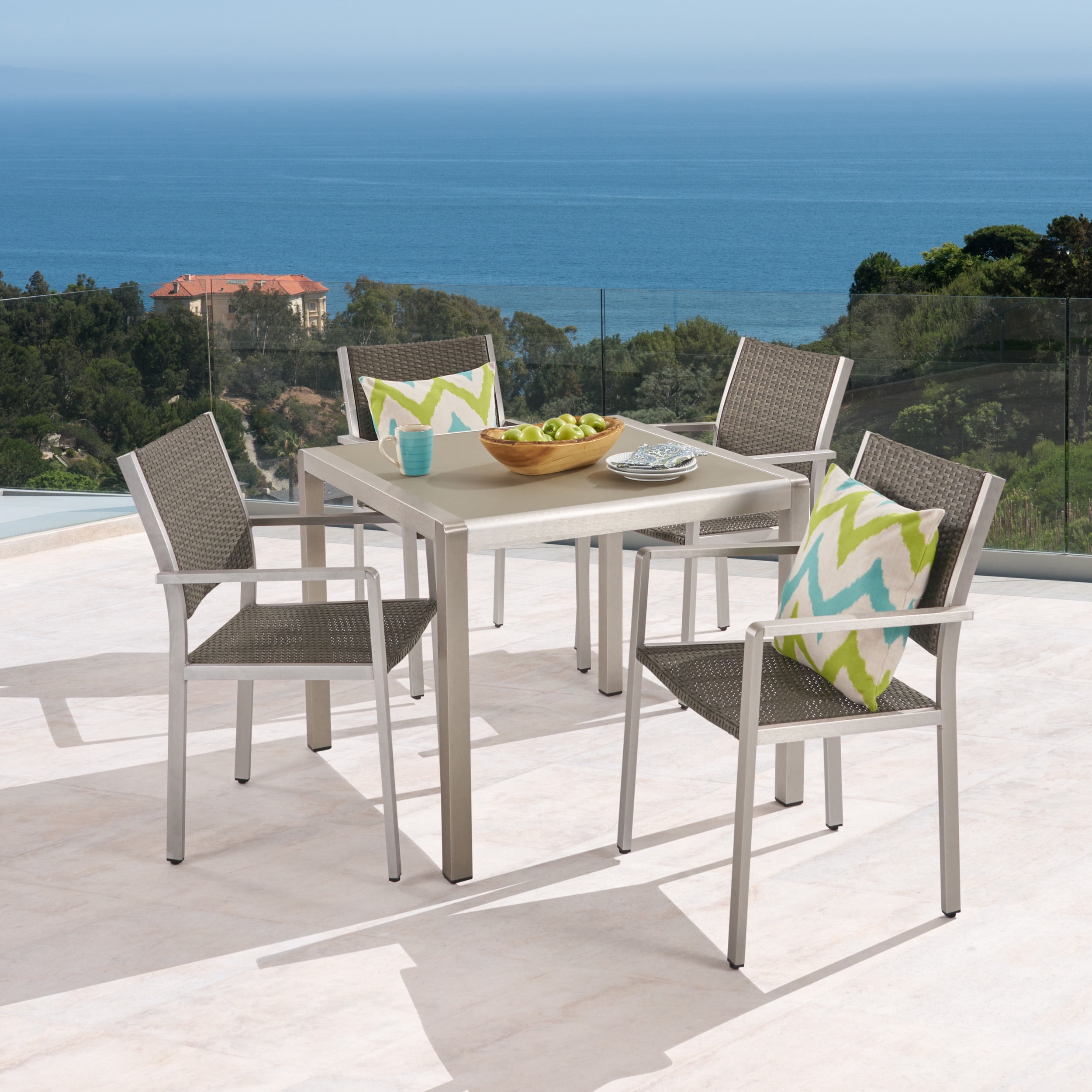 Noble House Cape Coral 5 Piece Outdoor Tempered Glass Top Dining Set in Silver