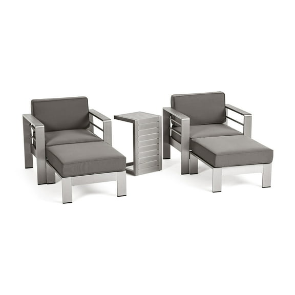 Noble House Cape Coral Club Chair Chat Set w/ Ottomans & Side Table Silver