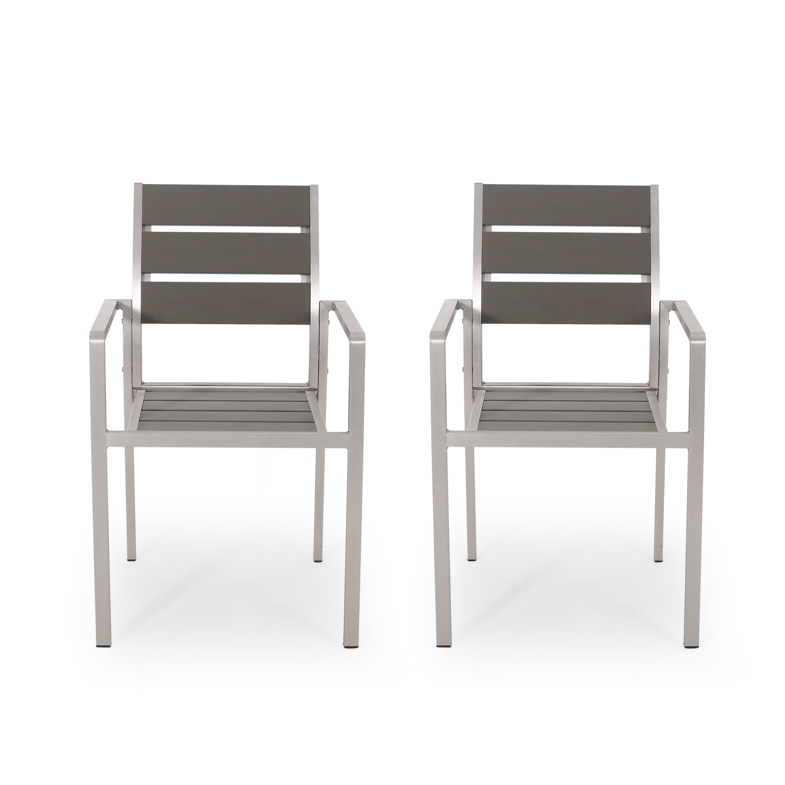 Gannon Outdoor Modern Aluminum Dining Chair with Faux Wood Seat, Set of 2, Gray and Silver