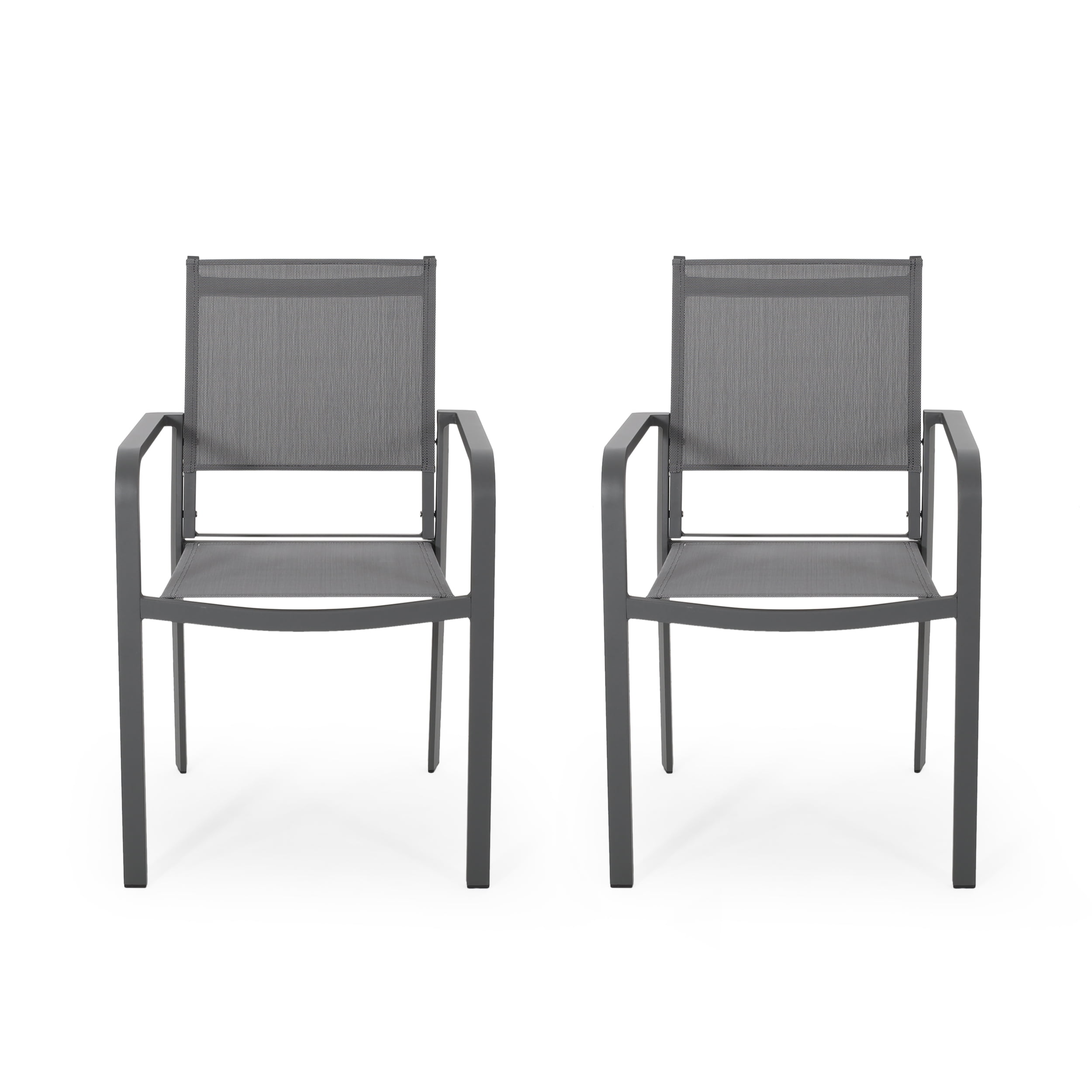 Gannon Outdoor Modern Aluminum Dining Chair with Mesh Seat, Set of 2, Gun Metal Gray and Dark Gray