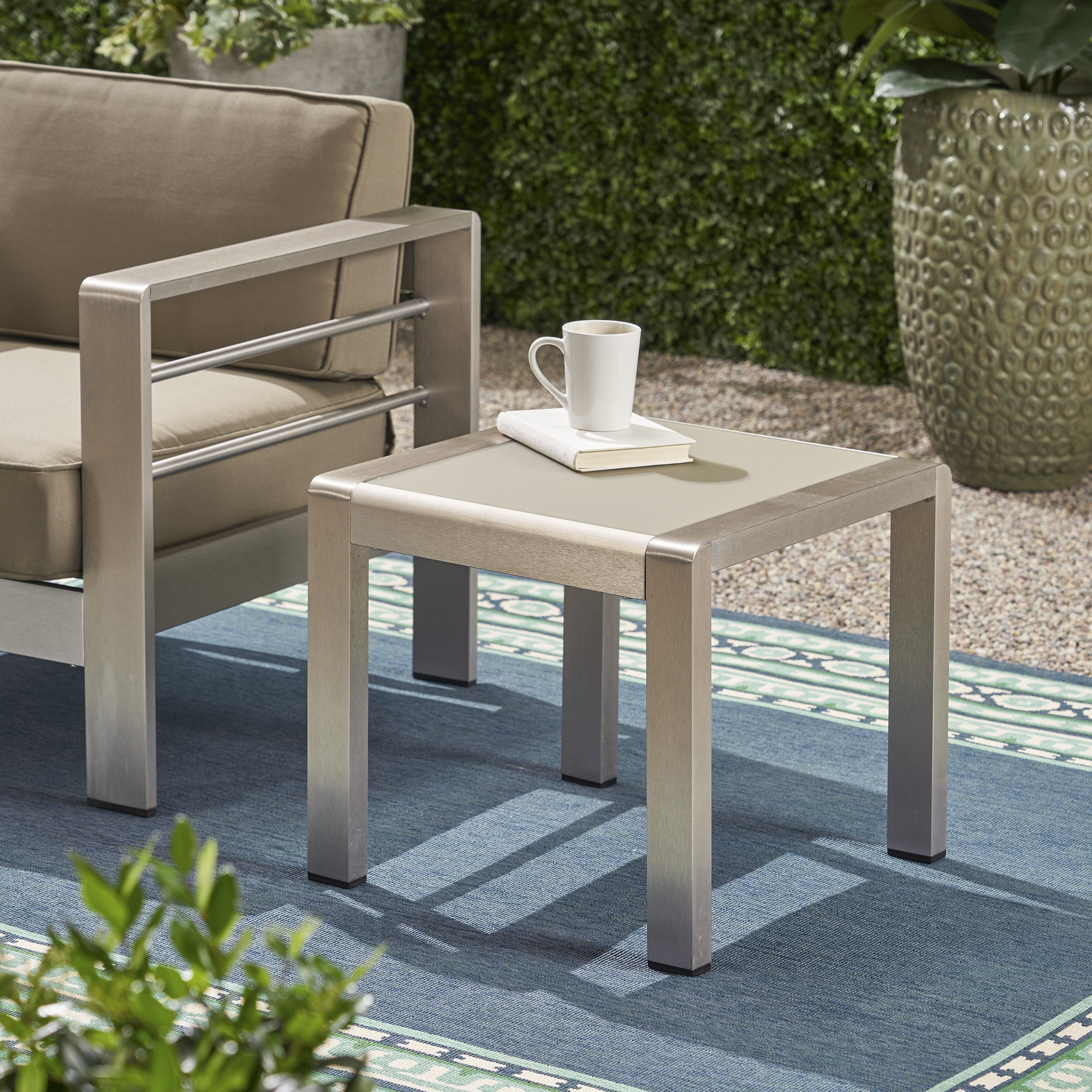 Miller Coral Outdoor Aluminum Side Table with Glass Top, Matte Gray and Silver Finish