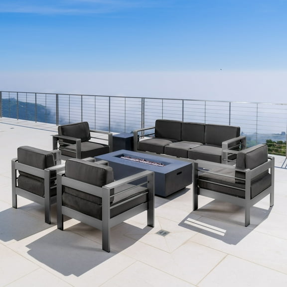 Noble House Cape Coral Outdoor Grey 7 Pc Sofa Chat Set w/ Fire Table