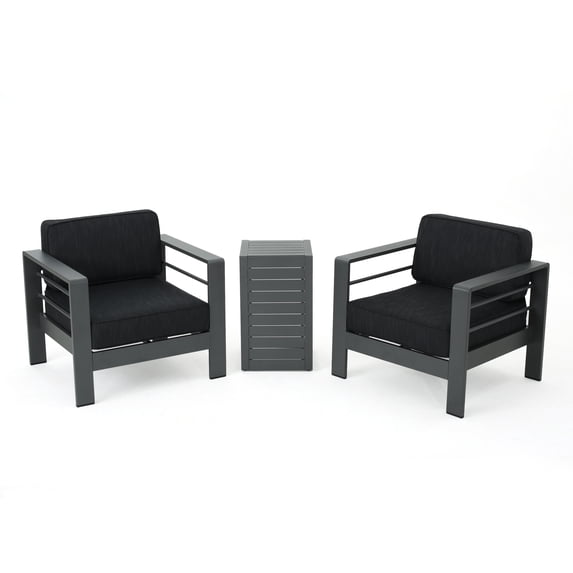 Noble House Cape Coral Outdoor Grey Aluminum 3 Pc Chat Set w/ Grey Cushions