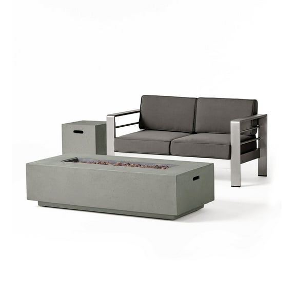 Noble House Cape Coral Outdoor Loveseat & Fire Pit Set Gray