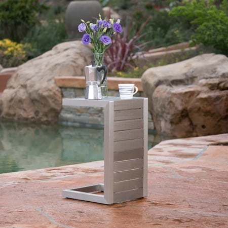 Noble House Cape Outdoor C-Shaped Modern Aluminum Side Table in Silver
