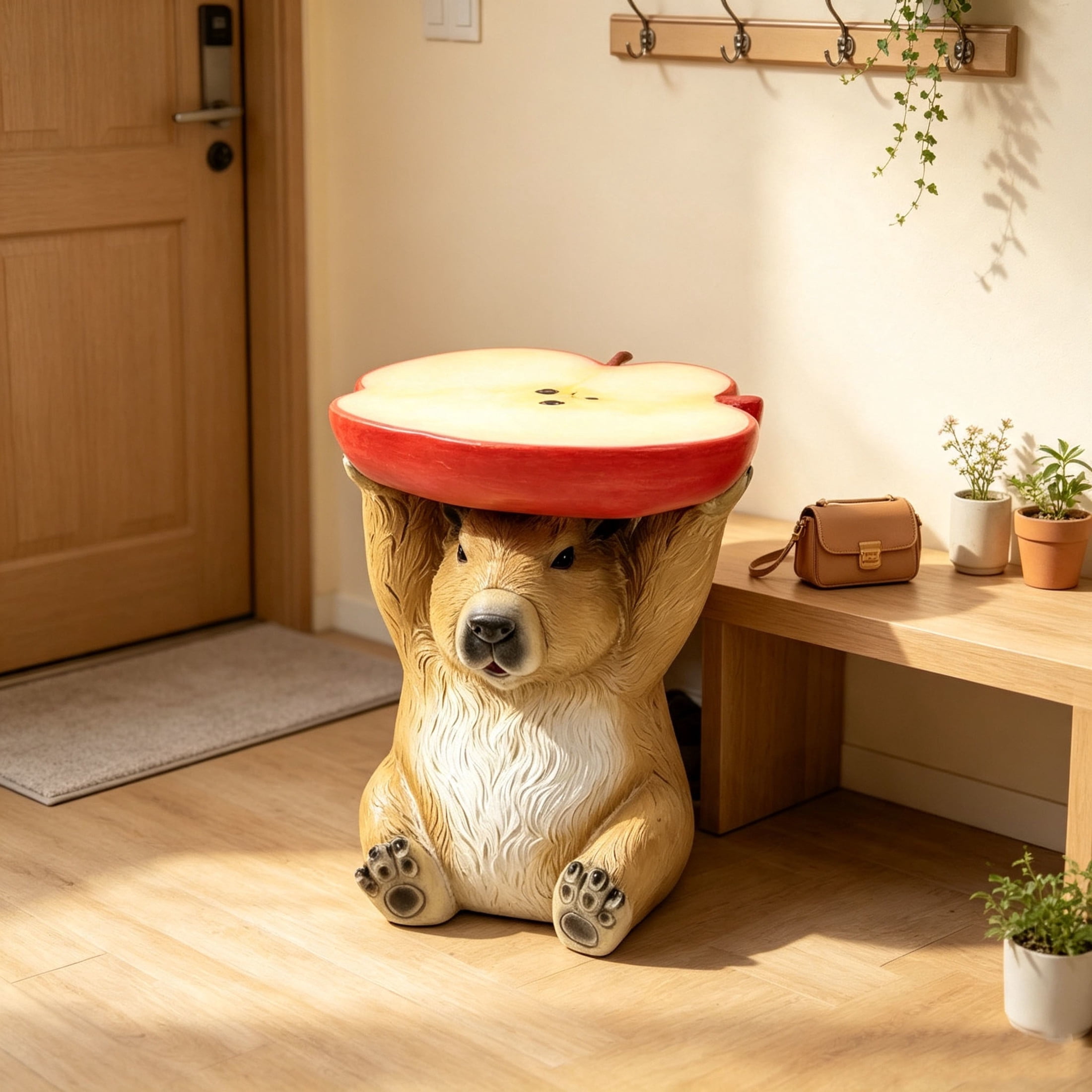 Noble House Capybara Apple Stool, Cute Animal Side Table Decor, Outdoor Creative Figurine Seat for Patio, Garden, Brown