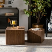 Noble House Carl Nesting Cube Coffee Tables, Modern Wooden Grain Side Tables for Small Spaces, Walnut, Set of 2