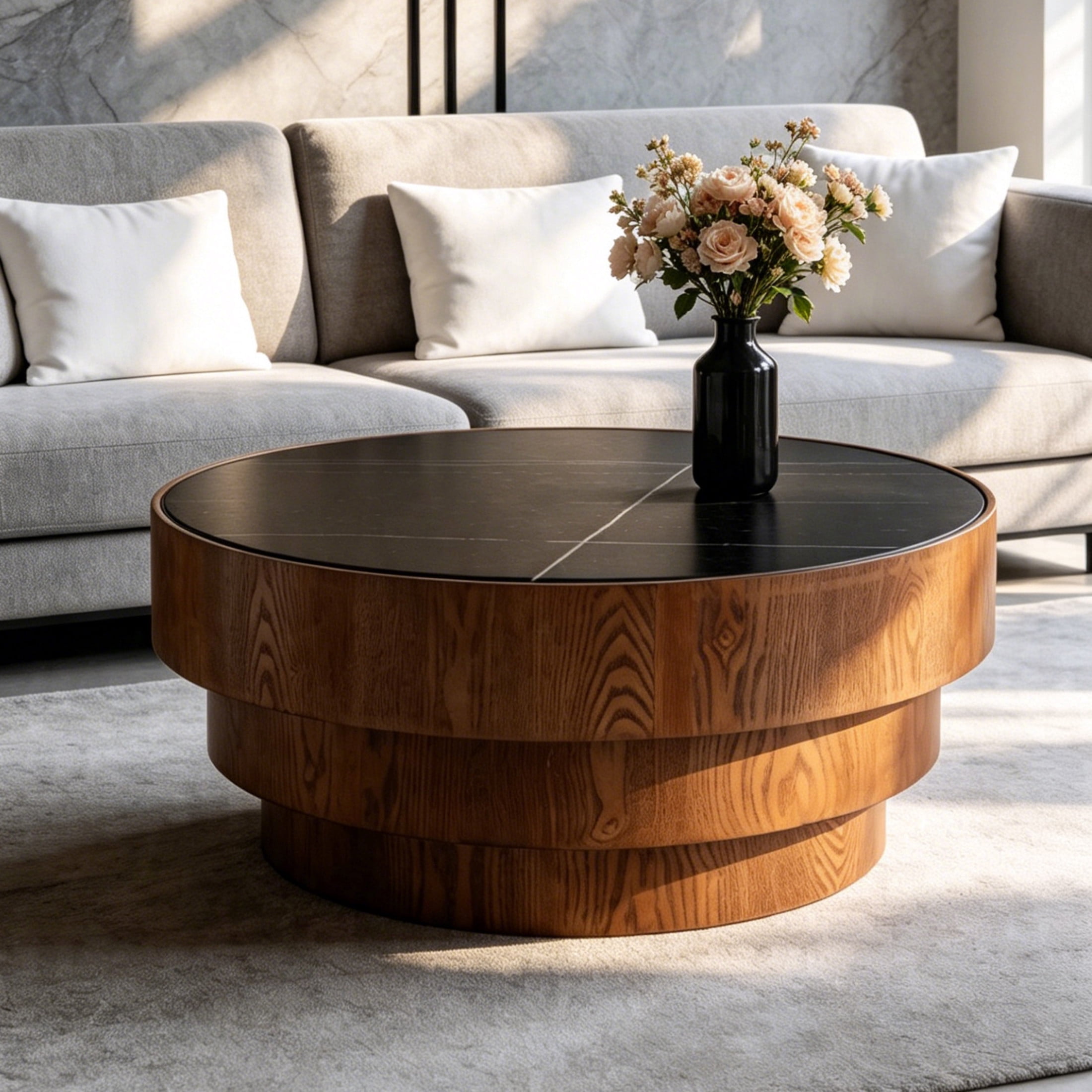 Noble House Carlen 31.5" Round Sintered Stone Coffee Table with Tiered Wood Veneer Base for Living Room, Black & Walnut