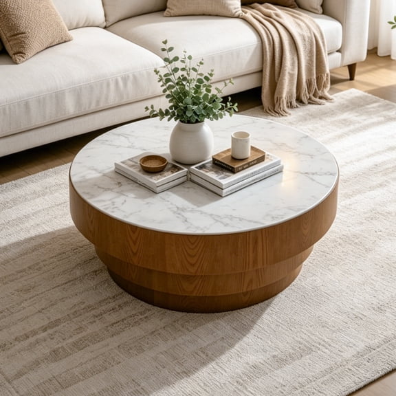 Noble House Carlen 31.5" Round Sintered Stone Coffee Table with Tiered Wood Veneer Base for Living Room, White & Walnut