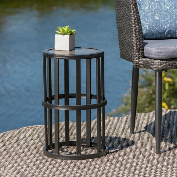 Noble House Carlo 11" Modern Outdoor Iron and Ceramic Tile Side Table in Black