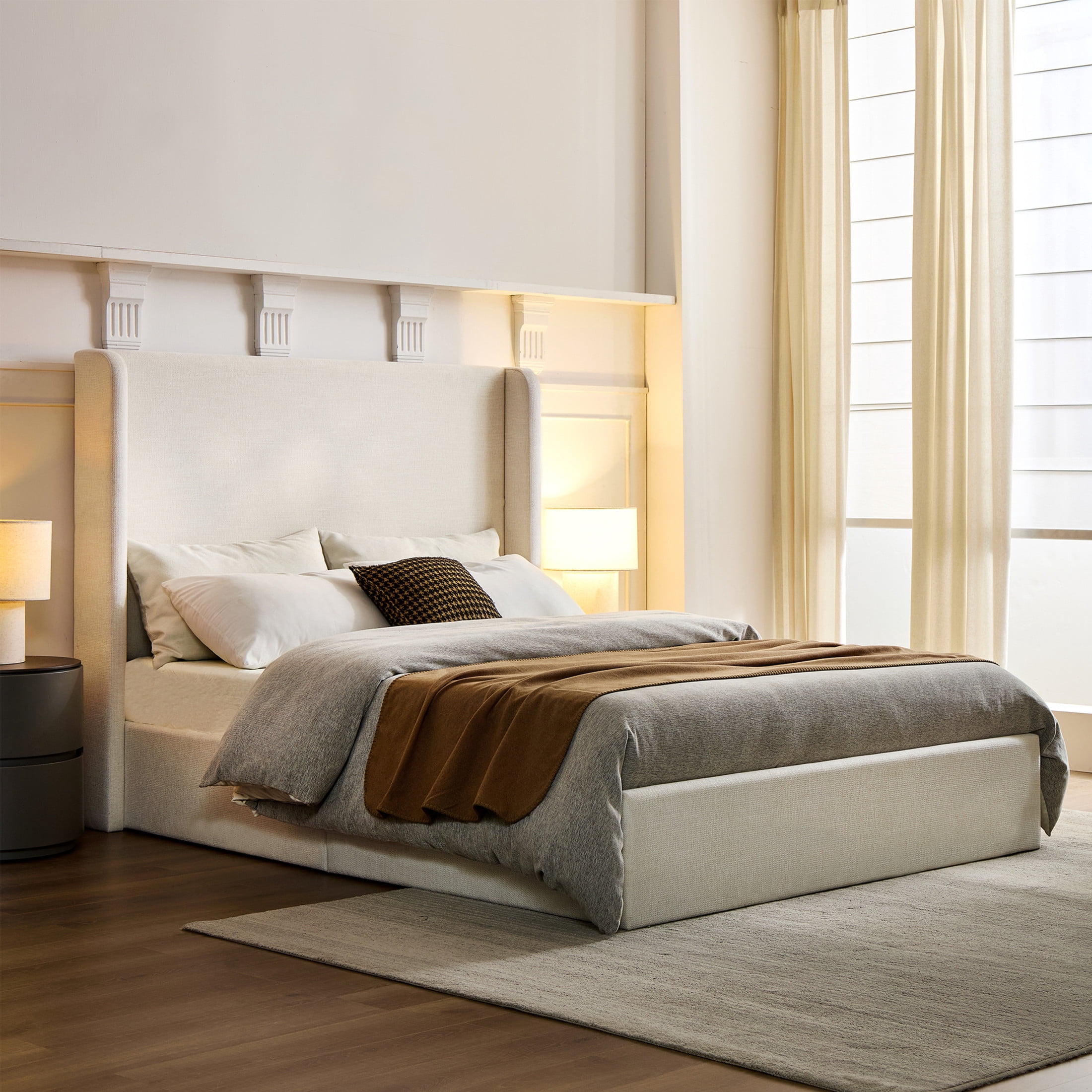 Noble House Carmen Full Wingback Platform Bed, High Headboard, Canvas Chenille Upholstered, Ivory