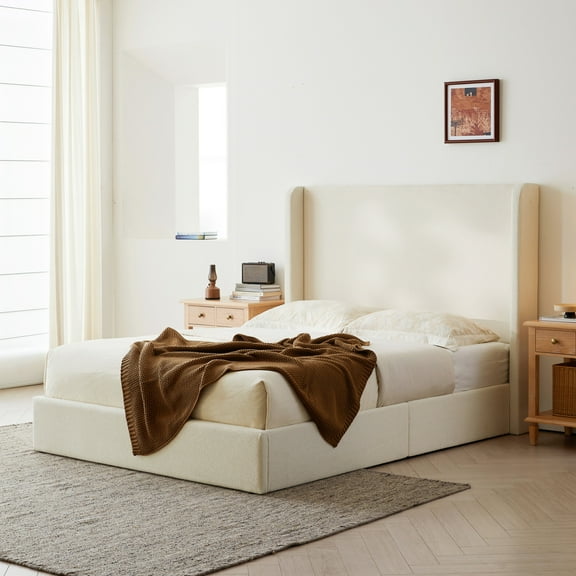 Noble House Carmen King Boucle Upholstered Wingback Platform Bed, 52.3" High Headboard, Ivory