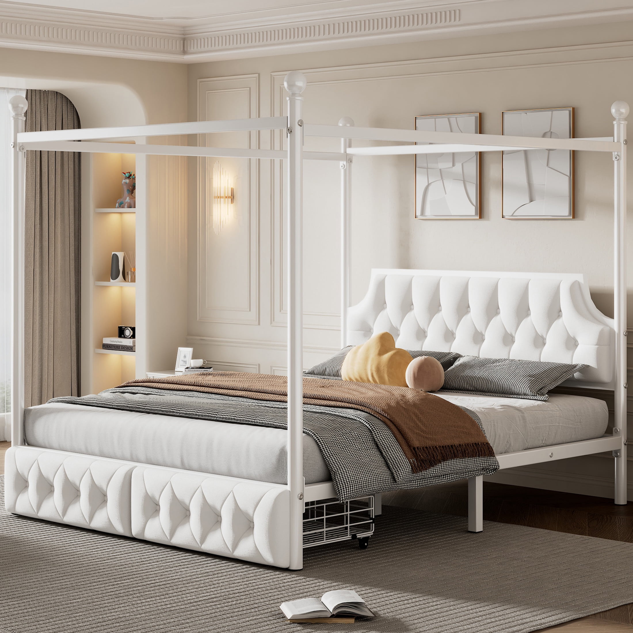 Noble House Carmen Queen Metal Canopy Bed, Platform Frame with Velvet Headboard and Storage Drawers, White