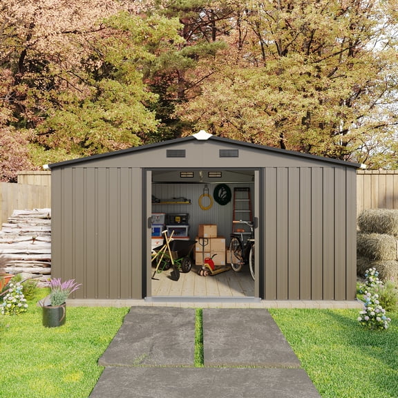 Noble House Carola 10 x 12 FT Outdoor Storage Shed with Daylight Windows and Protective Film, Steel Plate, Brown