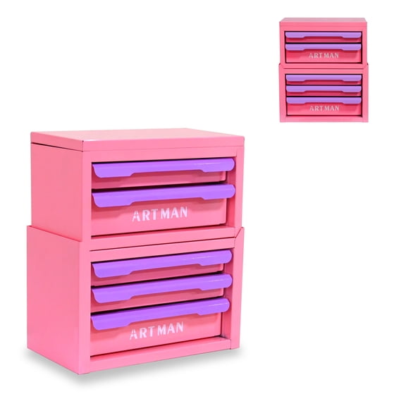 Noble House Carola Drawer-Style Desktop Storage Box, 5-Tier Stackable Steel Organizer Rack, Light Pink & Purple