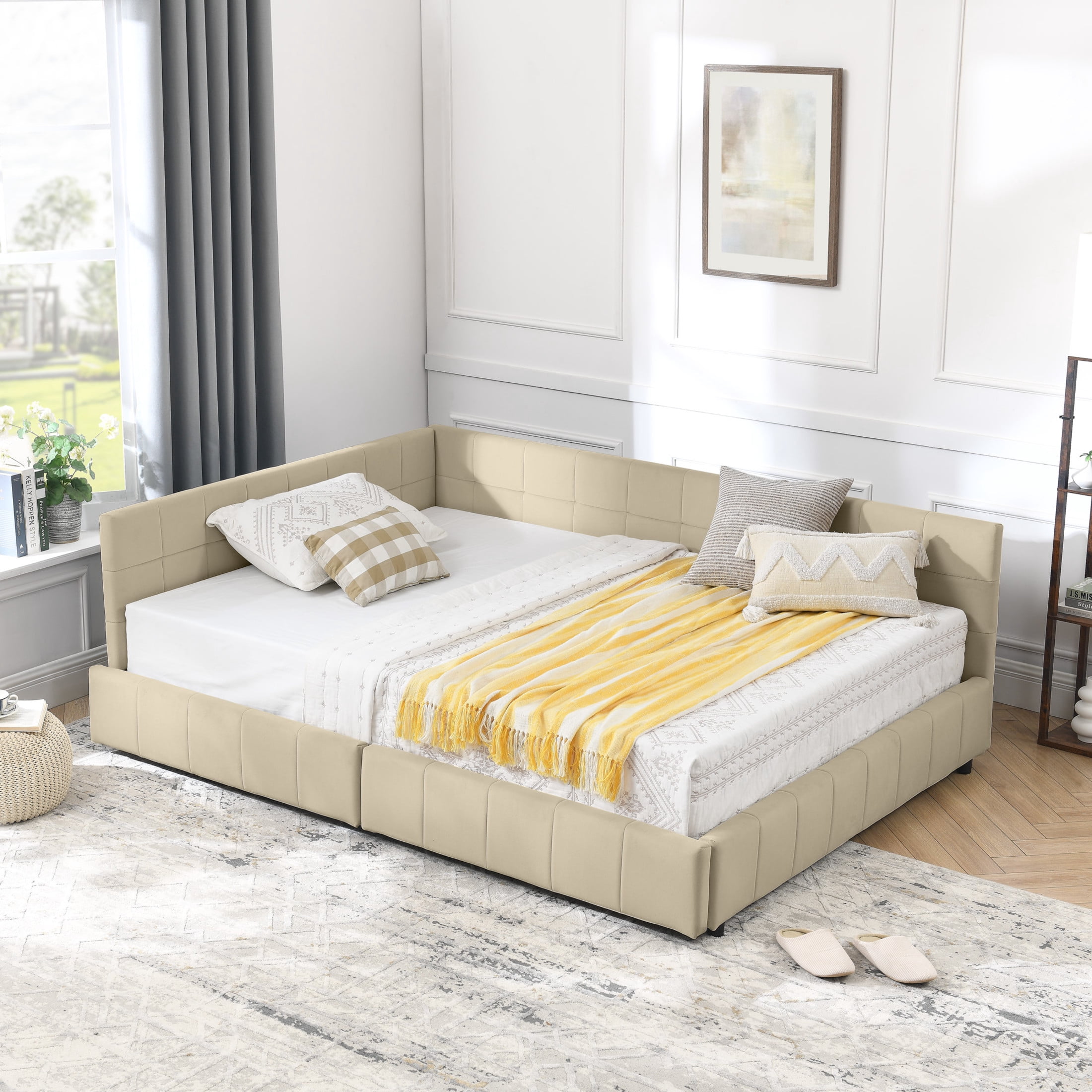Noble House Carola Full Size Velvet Daybed Frame, Tufted Upholstered Sofa Bed with Underbed Storage Drawers, Beige